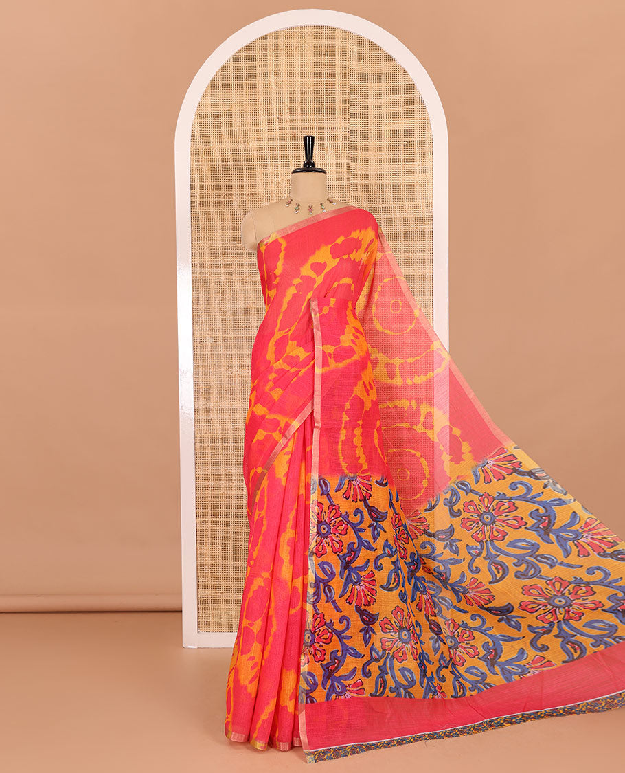 Borderless pink big circle shibori printed linen cotton saree, contrast sanganeri floral block printed pallu, and a contrast printed blouse