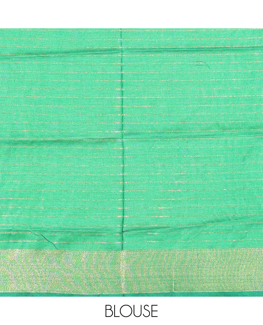 Cream and Green Linen Saree Sparsely Sparkled with Checks, Subtly Designed Zari Border, Zari Striped Pallu, and Paired with a Contrast Blouse