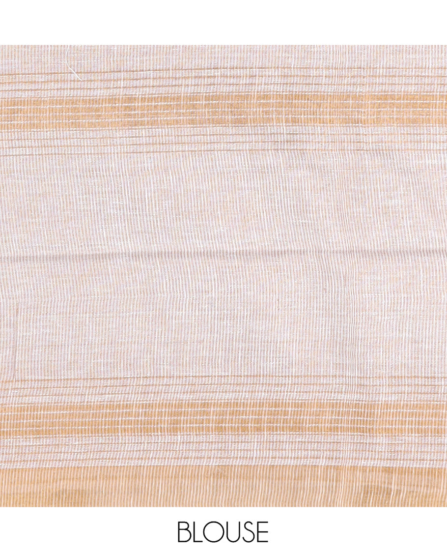 White Linen Saree, Subtly Sparkled with Stripes, a Subtle Zari Border, Striped Pallu, and a Matching Blouse