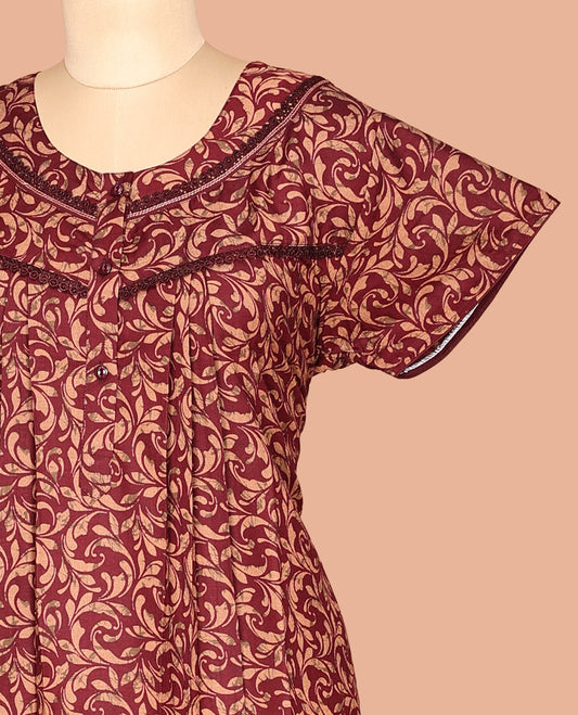 Maroon Round Neck Cotton-Blended Nighty