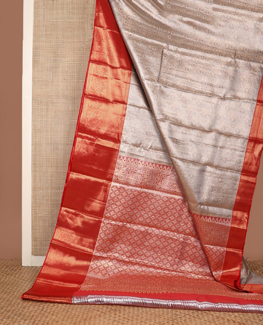 Sliver grey floral jacquard budget silk saree, contrast traditional zari border, and jaal pallu