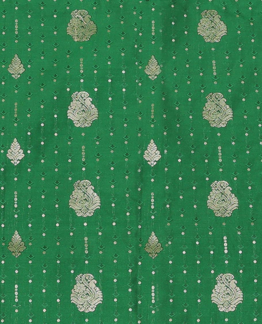 Green Art Silk Pavadai Material Set, Accentuated with Embossed and Zari Buttas All Over the Skirt, Complemented by a Contrast Traditional Zari Woven Border, and Paired with a Contrast Blouse