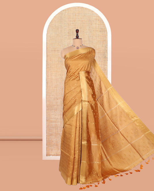 Gold Banana Pith Saree, Sparsely Woven with Buttas, a Zari Temple Border, Striped Pallu, and Matching Blouse