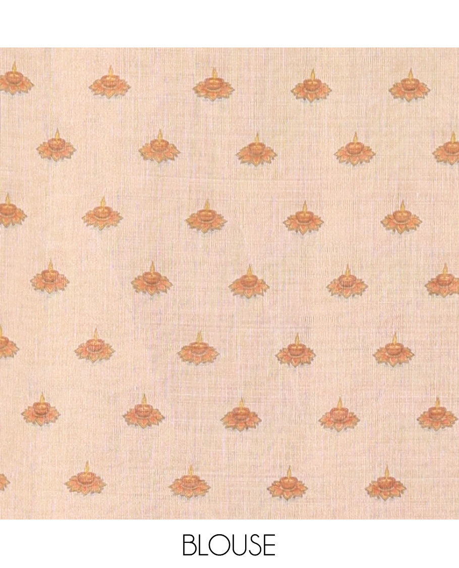 Gold Tissue Saree Features Kerala Culture and People Print, a Zari Border, Kerala-Theme Pallu, and Matching Blouse