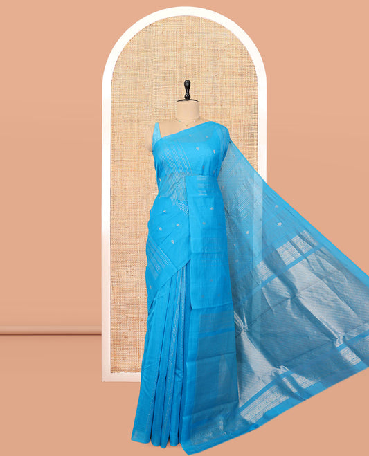 Borderless Blue Silk Cotton Saree, Steeped with Zari Stripes and Buttas, Diagonally Striped Pallu, and a Matching Blouse