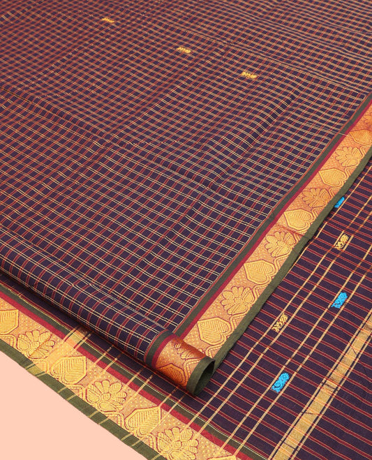 Blue Checked Nine Yard Cotton Saree, Complemented by Contrast Traditional Unique Motifs Woven Border, Pallu of Stripes and Buttas, and Comes Without a Blouse