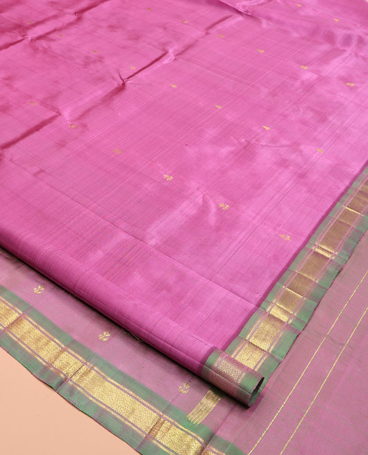 Pink Kanchipuram Silk Saree, Crafted with Zari Buttas, Complemented by a Contrast One-Sided Border of Banaras and Jaal Designs, Grand Pallu, and No Blouse