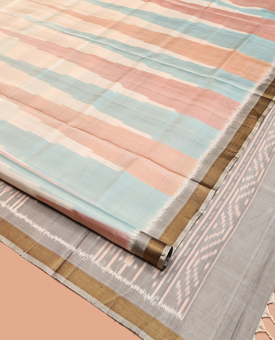 Multi-Color Mayuri Soft Silk Saree, Sparsely Woven with Thazampoo Rekku, Contrast Zari Border, Pallu of Ikat Design, and a Contrast Blouse