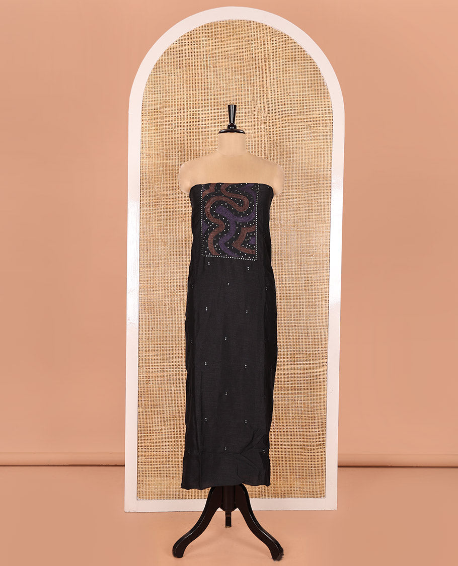 Black and Purple Material Chudidhar Set Elevated with Patch Neck and Sequins Embroidered Vichitra Silk Top, Plain Santoon Bottom, and Vichitra Silk Abstract Printed Dupatta