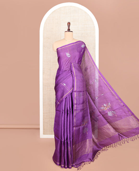 Purple Tussar Silk Saree, Graced with Floral Zari Buttas All Over Its Body, Subtle Piping Border, Pallu of Floral Designs, and Paired with a Contrast Blouse