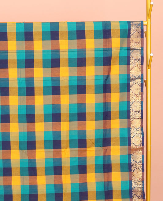 Multi-Color Chettinad Cotton Saree, Decorated with Checks, Highlighted by Intricately Designed Border, Striped Pallu, and No Blouse