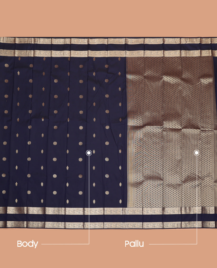 Dark Blue Budget Silk Saree, Adorned with Zari Chakram Buttas On Its Body, Highlighted by Traditional Rettai Pettu Border of Peacock Designs, Grand Jaal Pallu and Paired with a Matching Blouse