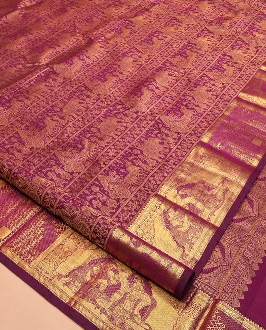 Purple Kanchipuram Wedding Silk Saree, Masterfully Woven with Jacquard Design, a Zari Border of Rekku, Muthu, Kuyil Kann, and Wedding-Themed Motifs, Jaal Pallu, and a Matching Blouse