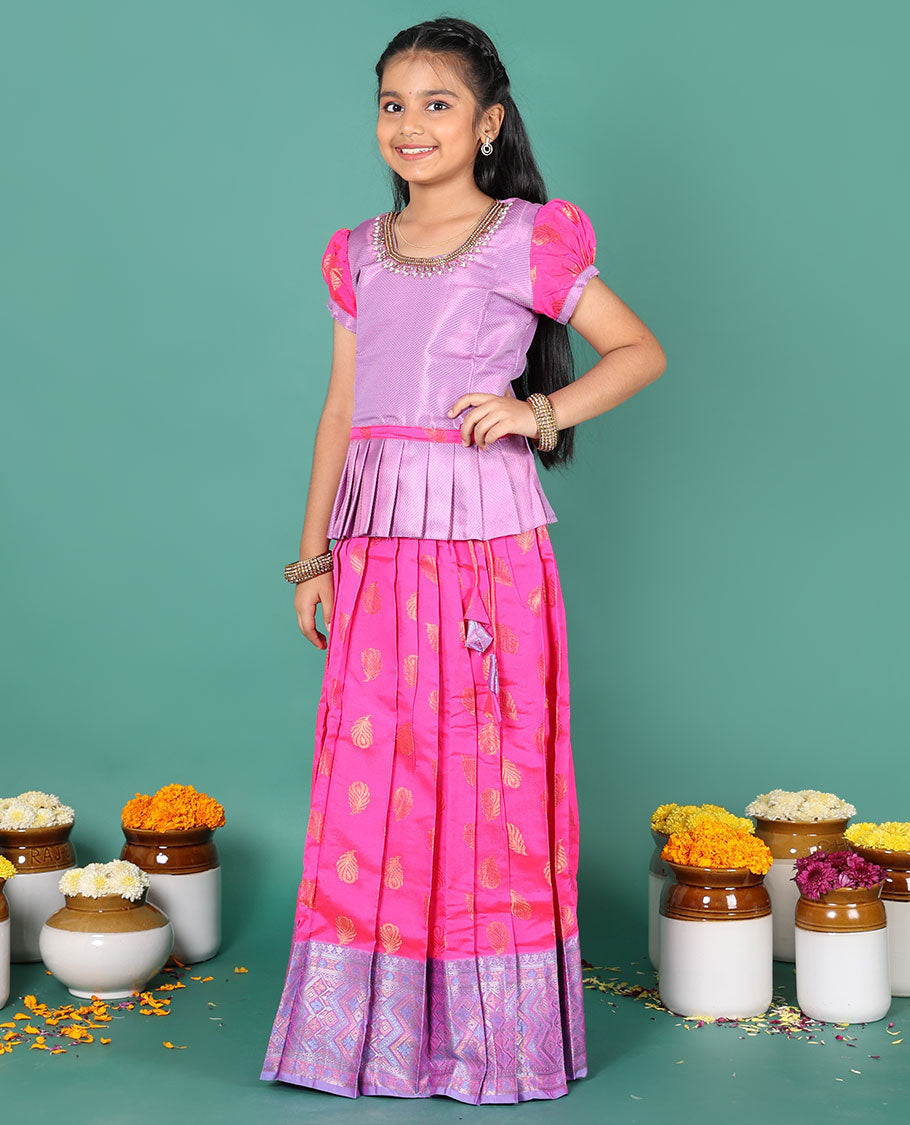 Pink readymade art silk pavadai, peacock feather buttas & contrast geometric border skirt, & embroidery round neck puff-sleeve blouse