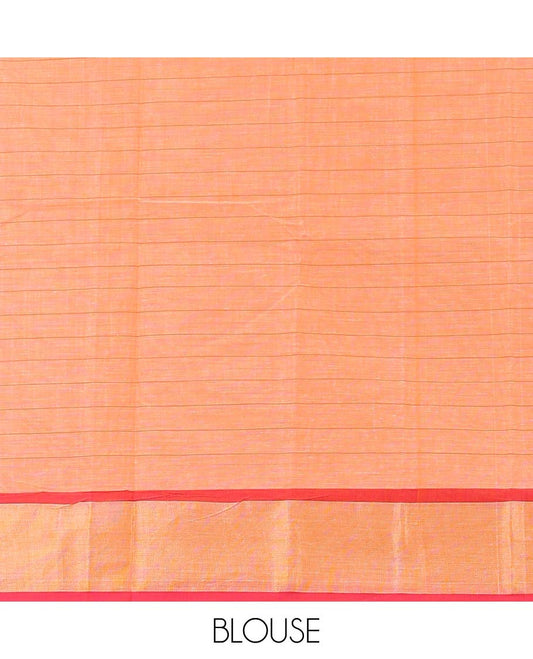 Red checked , floral design chirla cottton saree with contrast striped border & floral, checked design pallu