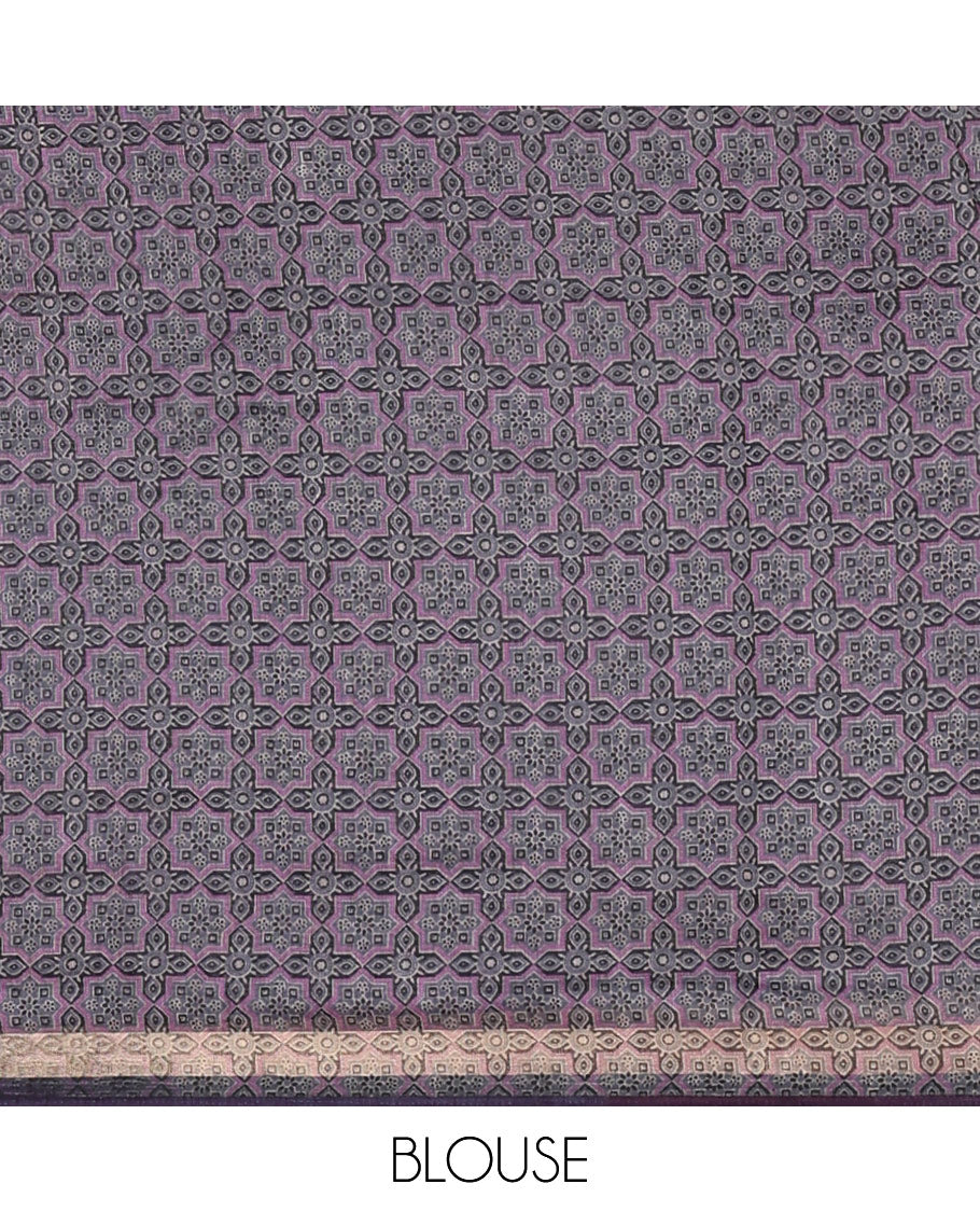 Dark violet bandhani-style floral and chakra printed saree, zari piping border, contrast ajrakh printed pallu, and contrast ajrakh printed blouse