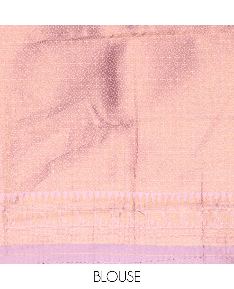 Rani Pink Kanchi Silk Saree, Detailed with Zari Checks All Over Its Body, Complemented by Contrast Traditional Zari Temple Border of Elephant Motifs, a Gracefully Woven Pallu of Geometric Patterns, and Paired with a Contrast Brocade Blouse