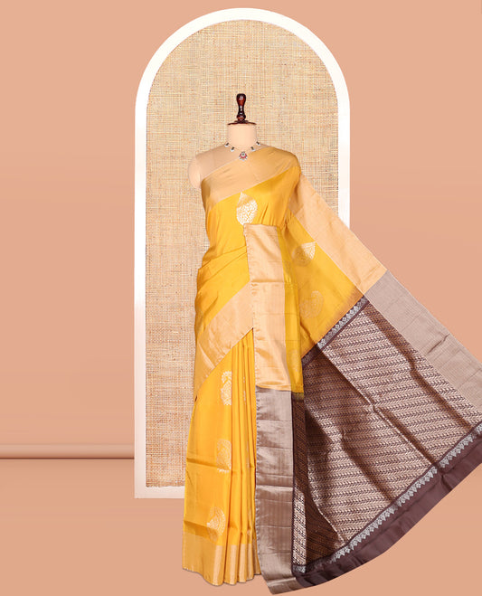 Yellow Semi Uppada Saree, Decorated with Zari Buttas, a Bavanji Border, Contrast Diagonal Leaf Vine Pallu, and a Contrast Blouse