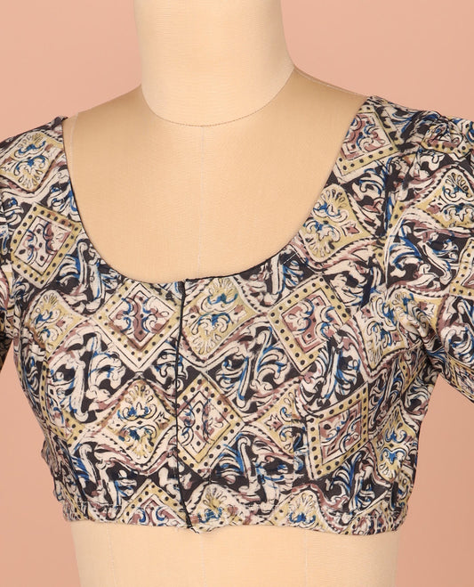 Multi-Color Readymade Blouse Beautifully Bedecked with Geometric Print, Featuring Front Round-Neck, Back Round Neck, and Puff Sleeves