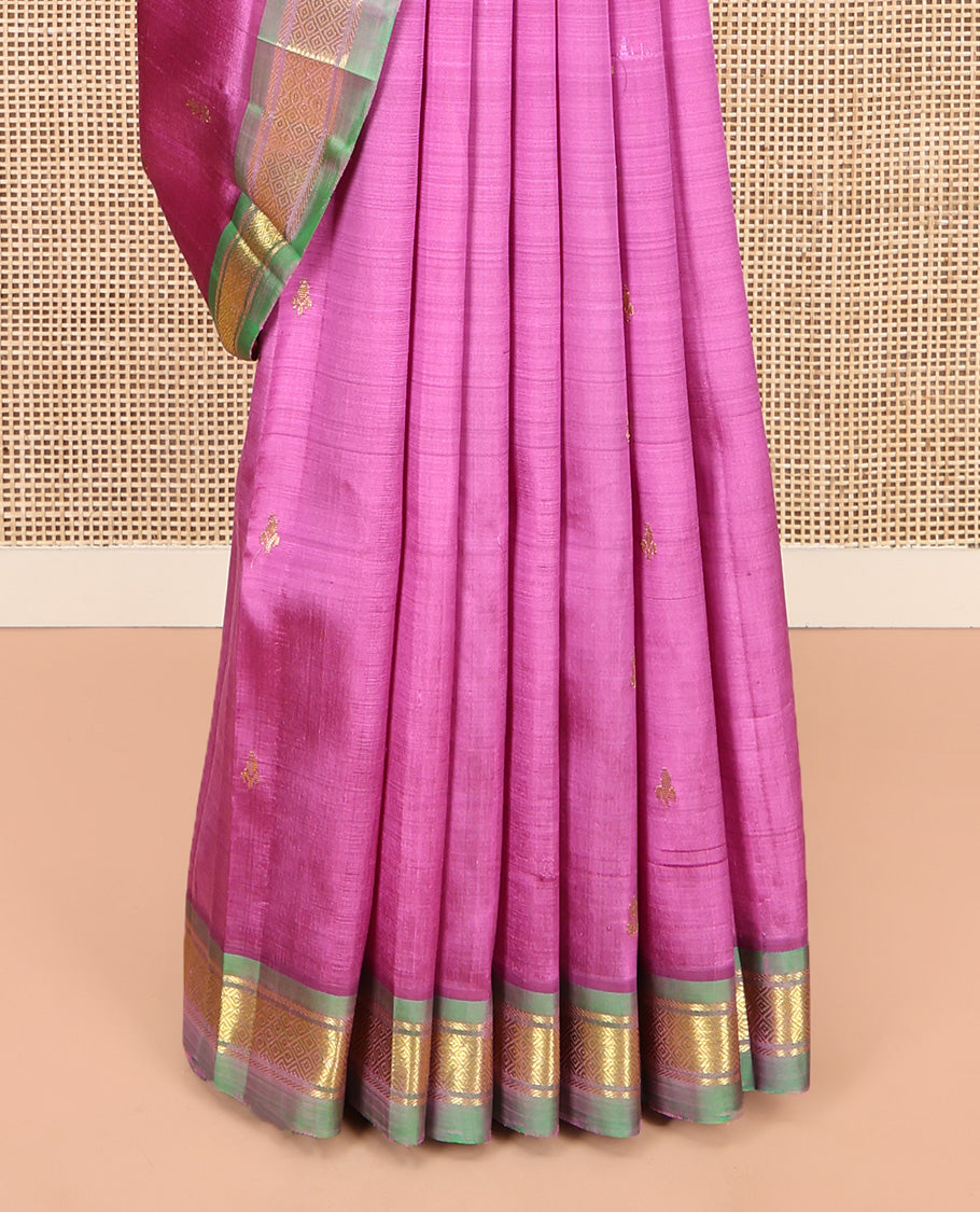 Pink Kanchipuram Silk Saree, Crafted with Zari Buttas, Complemented by a Contrast One-Sided Border of Banaras and Jaal Designs, Grand Pallu, and No Blouse