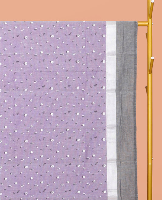 Lavender Chirala Cotton Saree, Steeped with Buttas, a Contrast Floral Border, Printed Pallu, and a Contrast Blouse