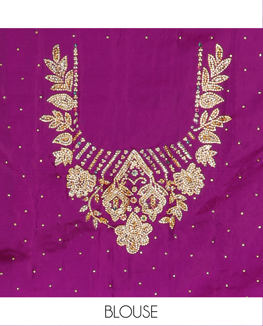 Pink Art Vastrakala Silk Saree Accentuated with Jacquard with Stone Work All Over Its Body, Complemented by a Contrast Floral Creeper Zari Stone Work Lace Border, Mughal-Style Pallu Detailed in Zari and Stone Work, and Paired with a Contrast Blouse