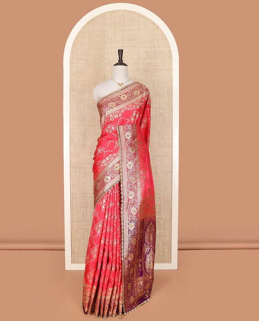 Pink Art Vastrakala Silk Saree Accentuated with Jacquard with Stone Work All Over Its Body, Complemented by a Contrast Floral Creeper Zari Stone Work Lace Border, Mughal-Style Pallu Detailed in Zari and Stone Work, and Paired with a Contrast Blouse