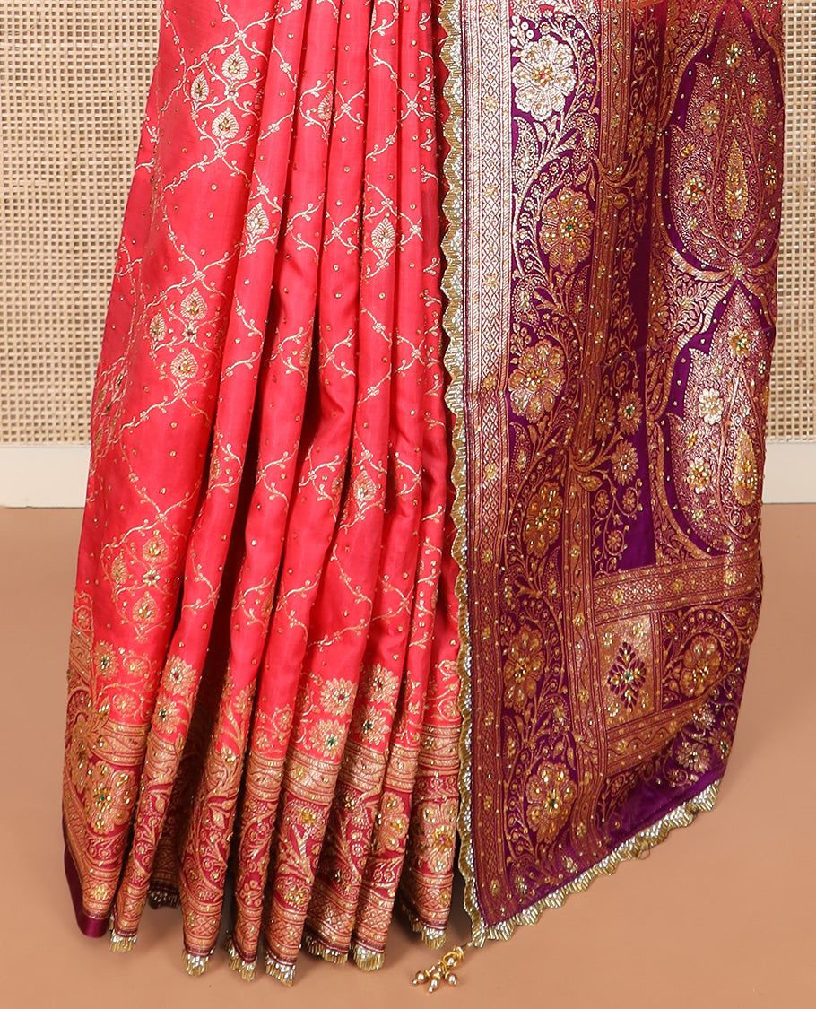 Pink Art Vastrakala Silk Saree Accentuated with Jacquard with Stone Work All Over Its Body, Complemented by a Contrast Floral Creeper Zari Stone Work Lace Border, Mughal-Style Pallu Detailed in Zari and Stone Work, and Paired with a Contrast Blouse