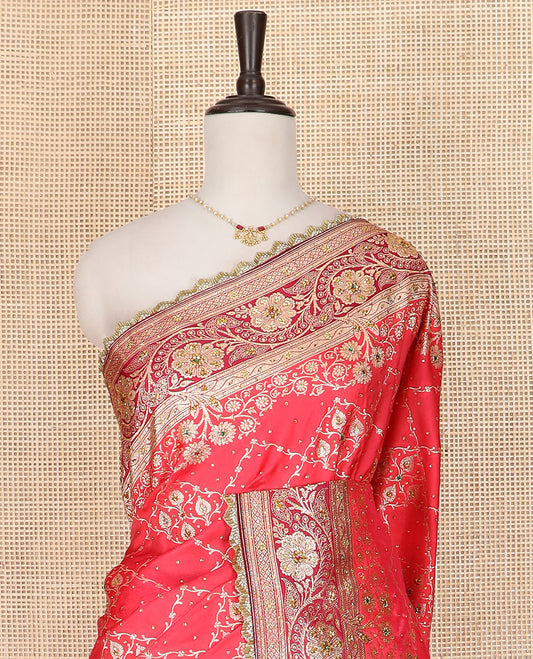 Pink Art Vastrakala Silk Saree Accentuated with Jacquard with Stone Work All Over Its Body, Complemented by a Contrast Floral Creeper Zari Stone Work Lace Border, Mughal-Style Pallu Detailed in Zari and Stone Work, and Paired with a Contrast Blouse
