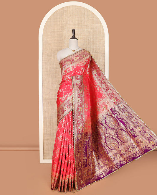 Pink Art Vastrakala Silk Saree Accentuated with Jacquard with Stone Work All Over Its Body, Complemented by a Contrast Floral Creeper Zari Stone Work Lace Border, Mughal-Style Pallu Detailed in Zari and Stone Work, and Paired with a Contrast Blouse