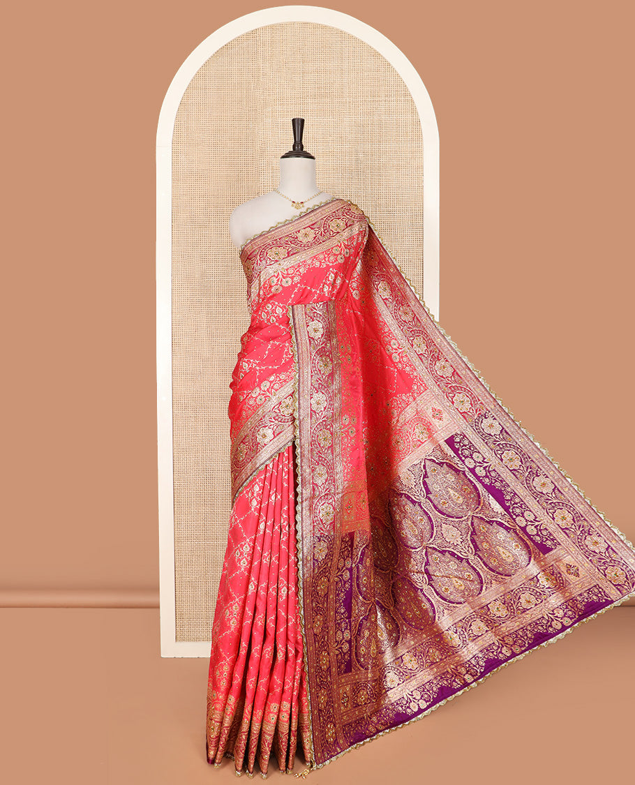 Pink Art Vastrakala Silk Saree Accentuated with Jacquard with Stone Work All Over Its Body, Complemented by a Contrast Floral Creeper Zari Stone Work Lace Border, Mughal-Style Pallu Detailed in Zari and Stone Work, and Paired with a Contrast Blouse
