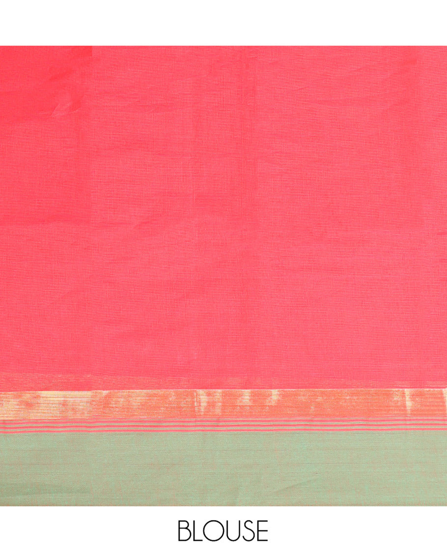 Red Kanchi Cotton Saree, Subtly Threaded with Floral Buttas All Over Its Body, Complemented by Contrast Zari Border, Pallu of Floral Designs, and Paired with a Matching Blouse