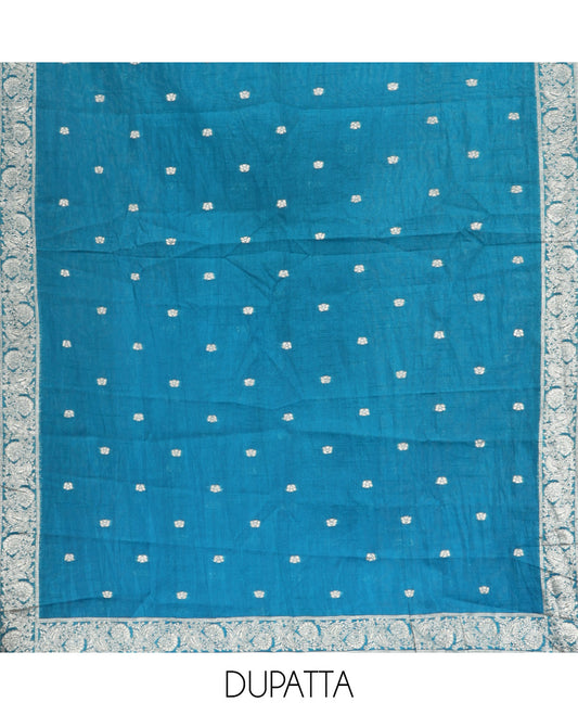 Peacock Blue Material Churidar Set Features Gold Zari Neck Work Top, a Plain Santoon Bottom, a Banarasi Dupatta