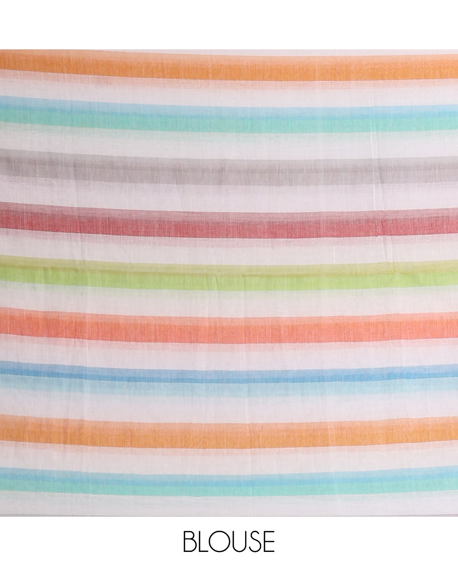 Borderless cream base khadi mul cotton saree features multi-color rainbow stripes, self-pallu, and running blouse