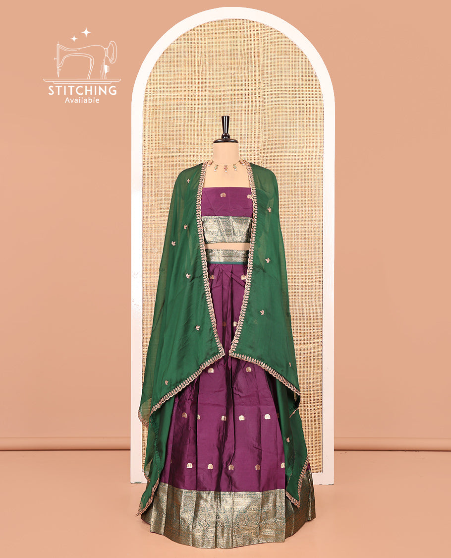 Purple-Green Semi-Banarasi Half-Saree Features Buttas Skirt, Contrast Traditional Border, Matching Blouse, and Embroidered Satin Georgette Dhavani