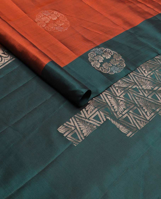 Rust circular-shaped zari buttas silk mix saree, contrast circular-shaped buttas border & geometric patterned pallu