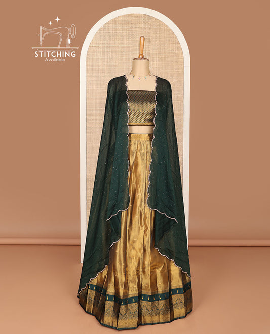 Brown buttas banaras half saree with contrast floral design border, zari design blouse & polka dot, scallop border dhavani