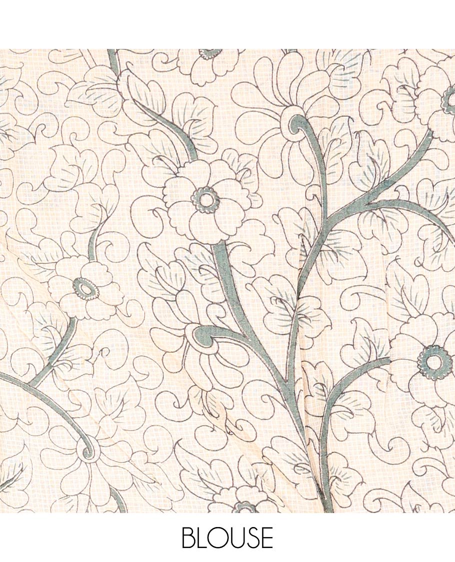 Grey Machine-Printed Kalamkari Cotton Saree Features Floral, and Fauna Motifs, a Piping Border, Pallu of Peacock, and a Matching Blouse