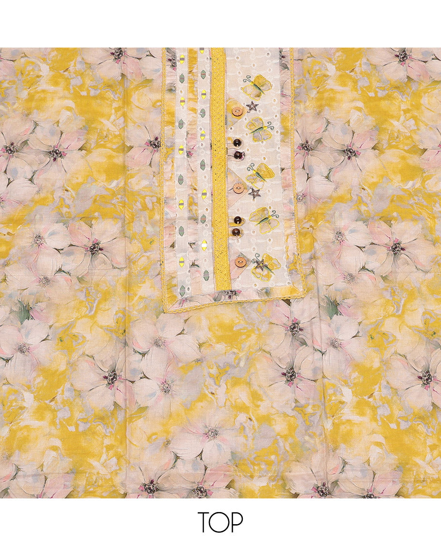 Chikku-Yellow Cotton Material Churidar Set Features Floral Print and Neck Patch Top, Contrast Bottom, and Print-Embroidered Dupatta