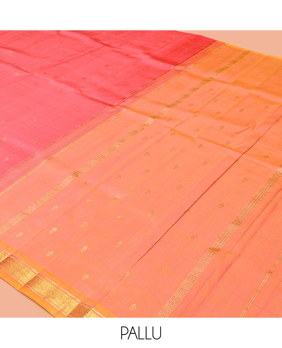 Peach Kanchipuram Silk Saree, Woven with Zari Buttas, a Contrast One-Sided Border of Banaras and Mayil Kann Designs, a Zari Design Pallu, and No Blouse