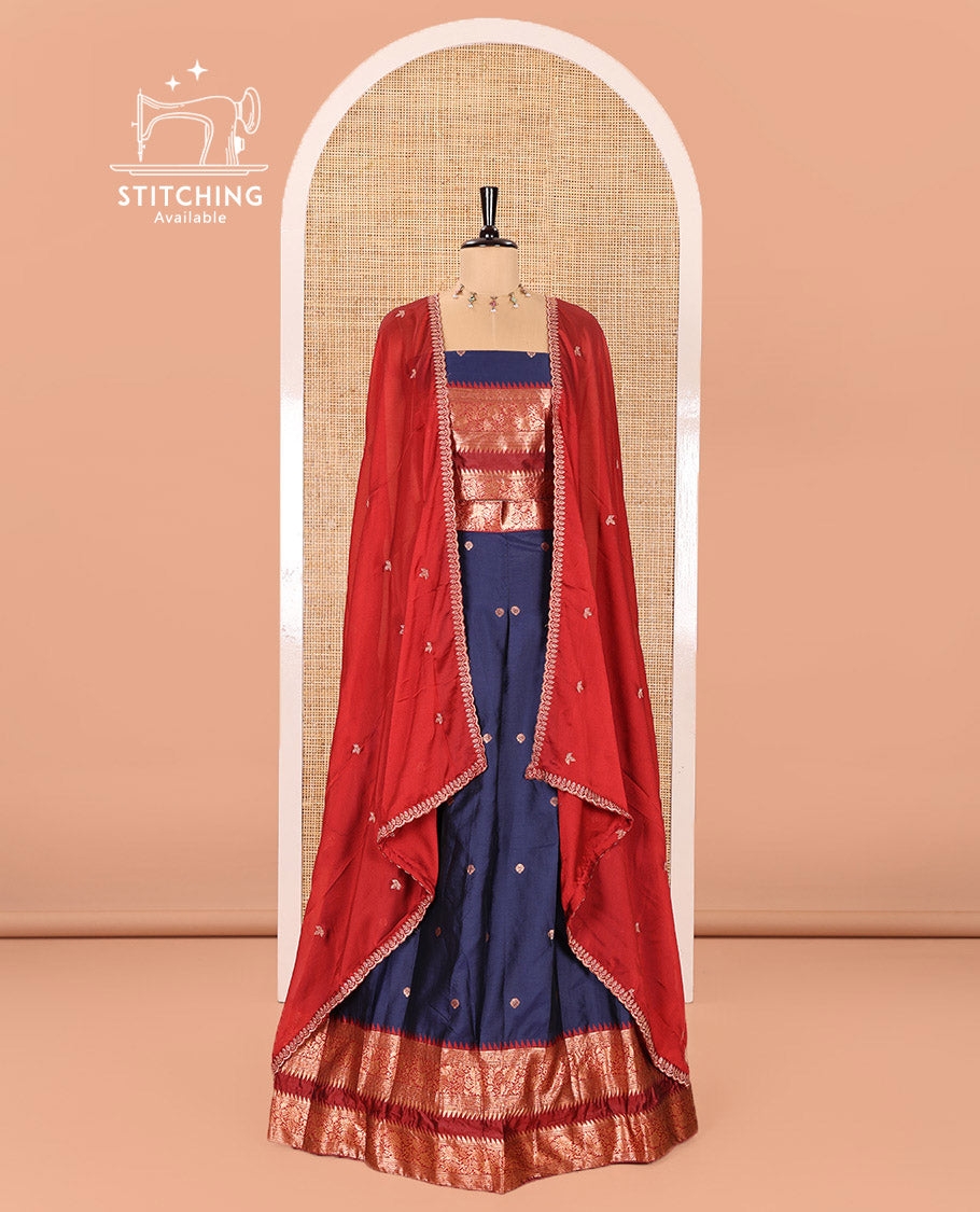 Navy Blue-Red Semi-Banarasi Half-Saree Adorned with Zari Buttas on Its Skirt, Complemented by a Contrast Traditional Zari Temple Rettai Pettu Border, Paired with a Matching Blouse, and a Satin Georgette Embroidered Scallop Dhavani