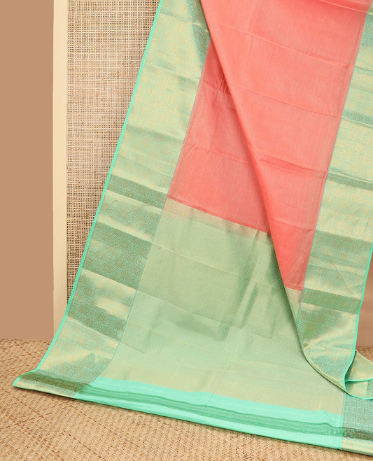 Peach striped vasundhara elite silk saree with contrast floral zari design border & chevron design pallu