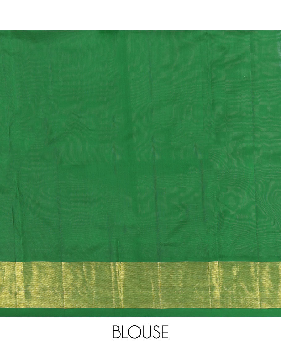 Green Kanchipuram Silk Saree, Woven with Yaanai Buttas, Highlighted by Zari Border, Pallu of Yaanai Design, and a Matching Blouse