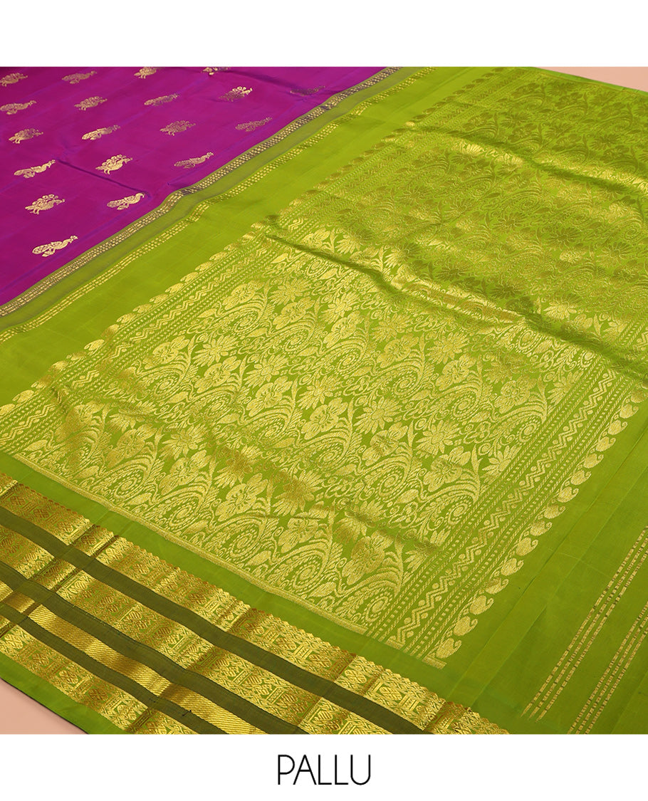 Purple Kanchipuram Silk Saree, Detailed with Zari Buttas, a Contrast Korvai One-sided Border of Salngai, Neli, Poun, and Mayil Designs, Pallu of Floral Designs, and No Blouse
