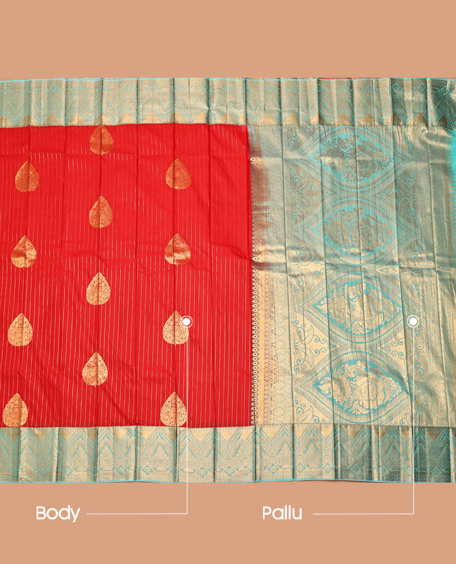 Orange Budget Silk Saree, Majestically Detailed with Zari Buttas and Stripes, Complemented by a Contrast Traditional Zari Border, Sparsely Woven Pallu, and a Contrast Blouse