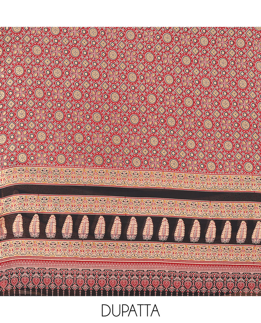 Black Georgette Material Churidar, Ajrakh Print and Mirror Work Top, a Matching Bottom, and Ajrakh Printed Dupatta