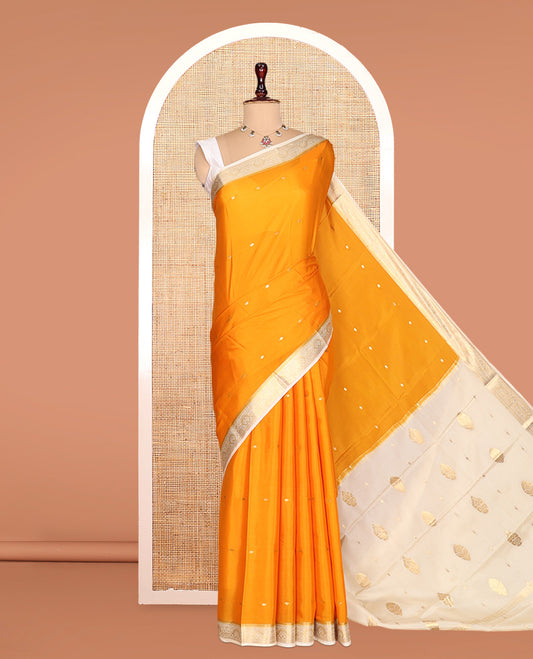 Orange Zari Buttas Mysore Silk Saree, Complemented by a Contrast Traditional Zari Border, Zari Design Pallu, and a Contrast Blouse