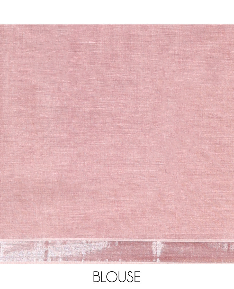 Pink Kerala Cotton Saree, Embellished with Buttas All Over Its Body, a Zari Bavanji Border, Pallu of Intricate Designs, and Paired with a Matching Blouse
