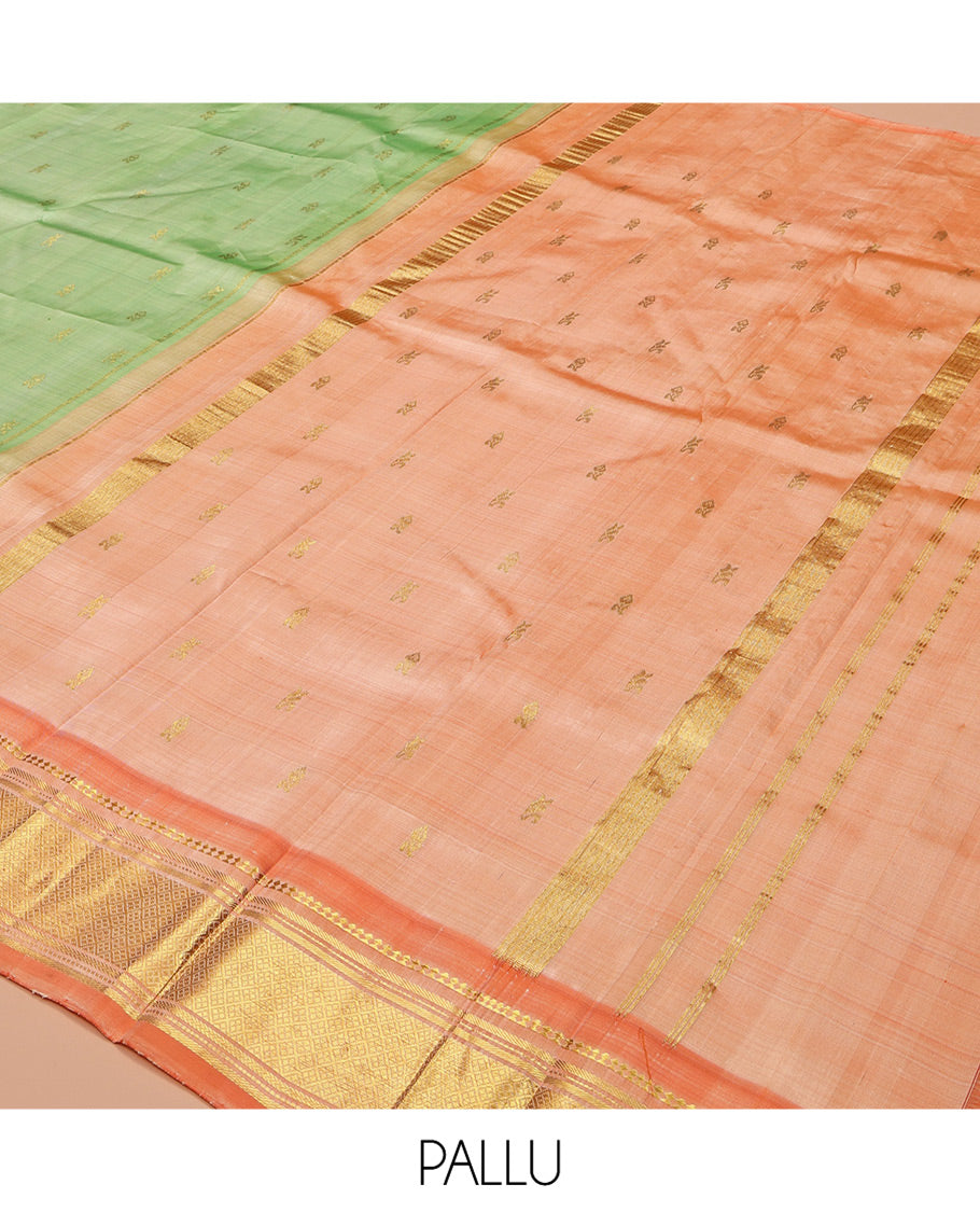 Pista Green Kanchipuram Silk Saree, Woven with Zari Buttas, Contrast One-Sided Border of Panner Sombu, Banaras, Muthu, and Jaal Designs, Zari Design Pallu, and No Blouse