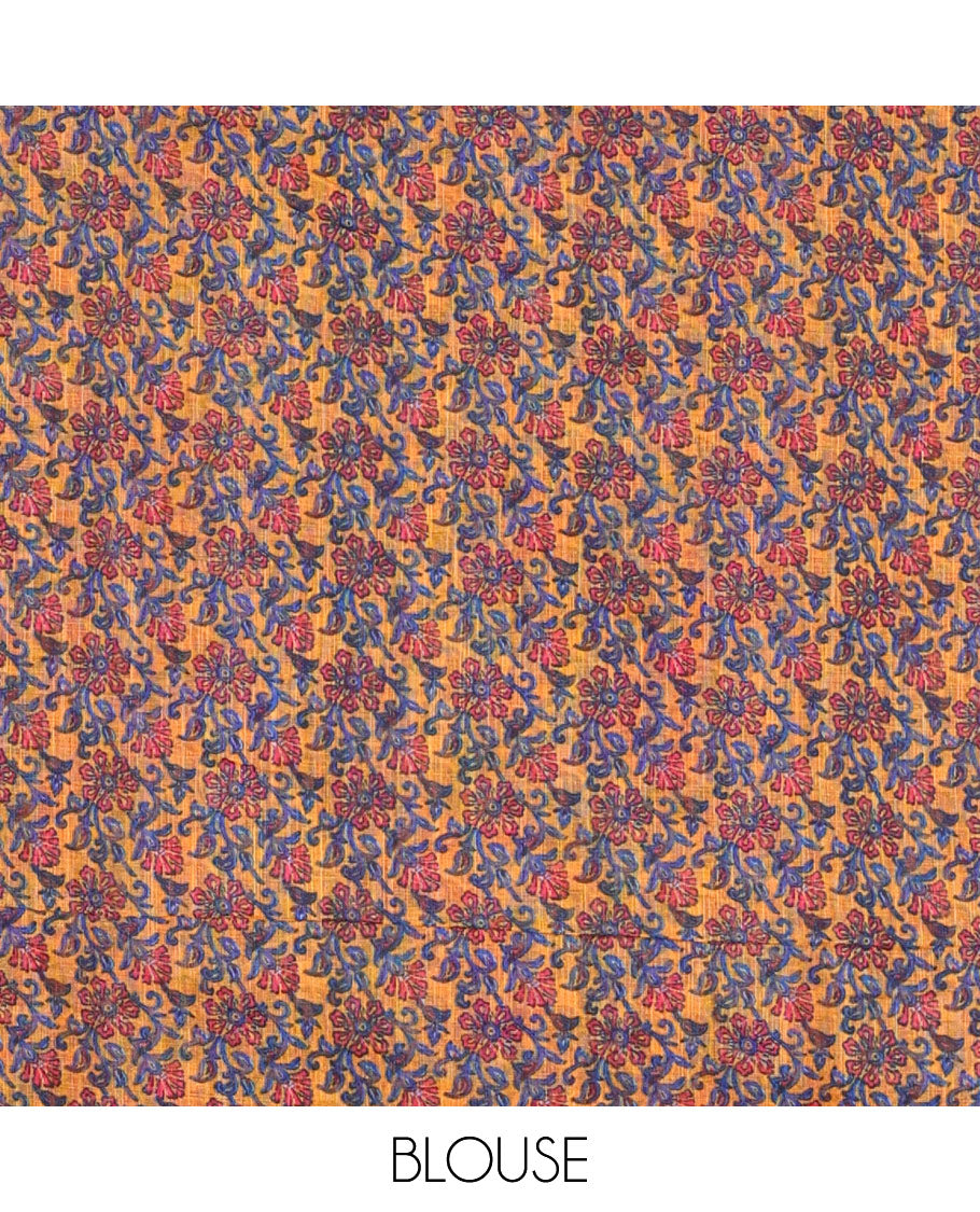 Borderless pink big circle shibori printed linen cotton saree, contrast sanganeri floral block printed pallu, and a contrast printed blouse